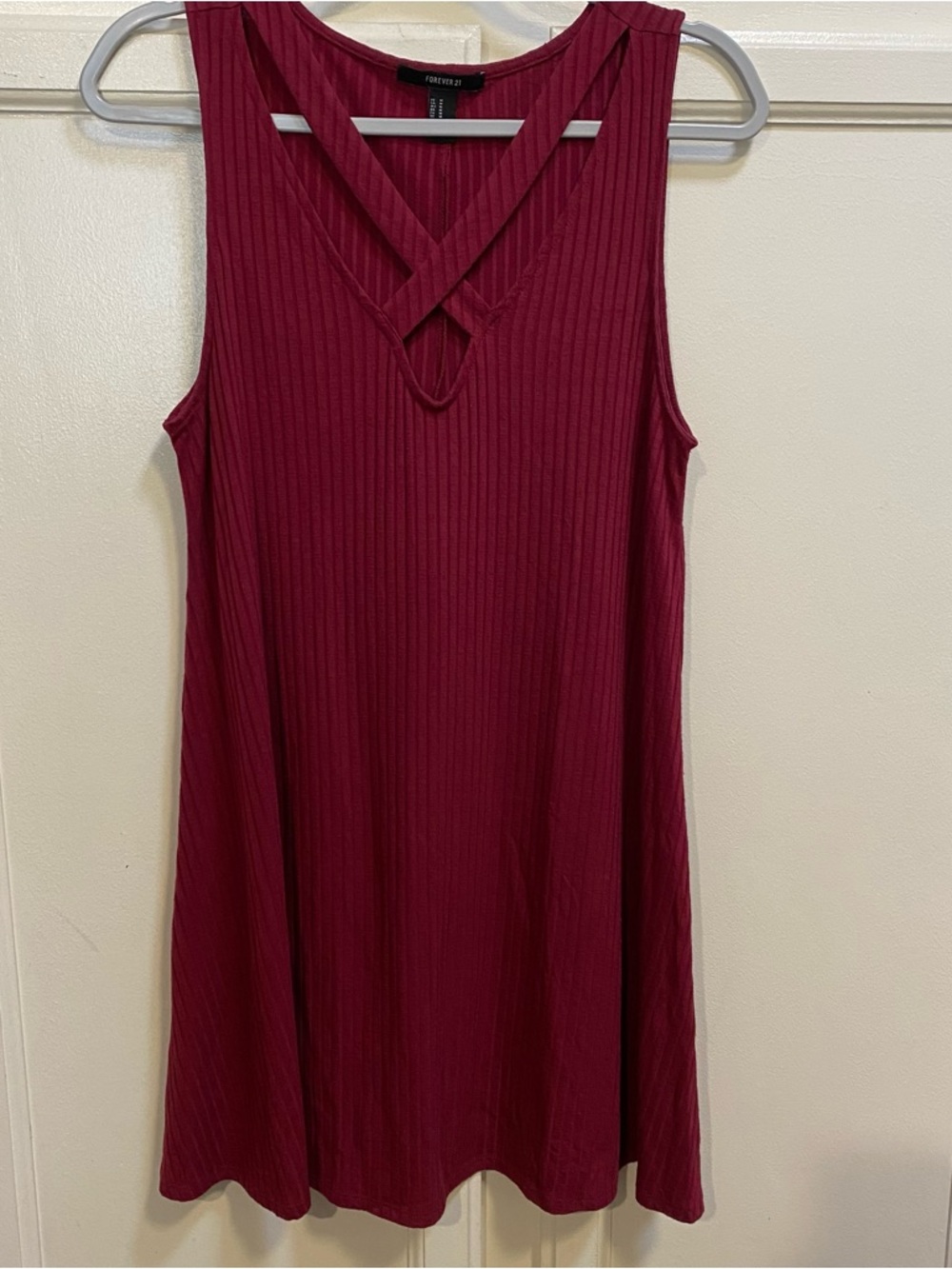 Forever 21 Burgundy Ribbed Sleeveless Mini Dress with Crisscross Neck